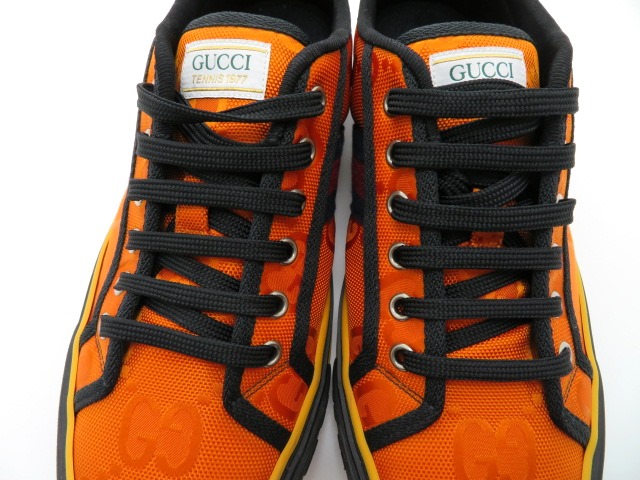 GUCCIスニーカー　GG柄ハイカット　7+ オレンジ グッチ スニーカー メンズ7 グッチテニス オレンジ GG ファブリック