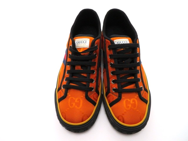 GUCCIスニーカー　GG柄ハイカット　7+ オレンジ グッチ スニーカー メンズ7 グッチテニス オレンジ GG ファブリック