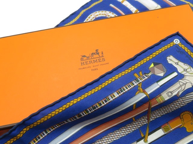 HERMES エルメス スカーフ カレ45 シルク ブルー ネイビー マルチ