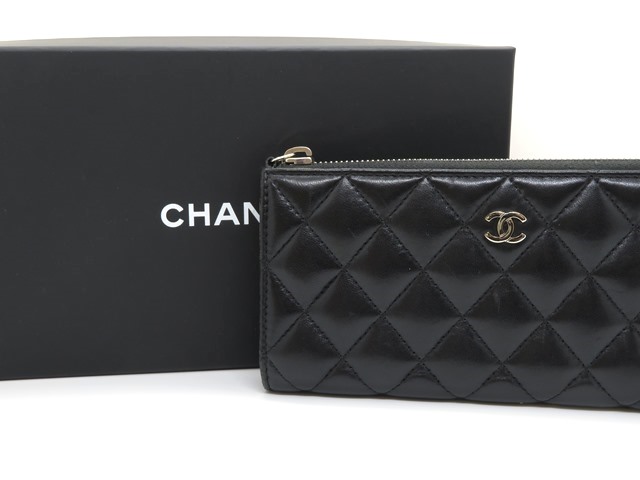 CHANEL シャネル L型ZIP長財布 マトラッセ レザー ブラック シルバー